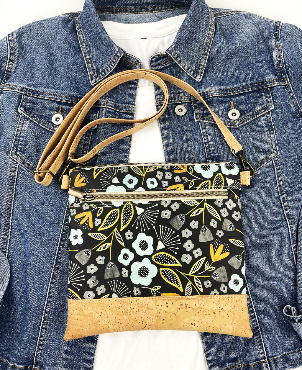 Slim Crossbody - Black and Blue Floral / Cork
