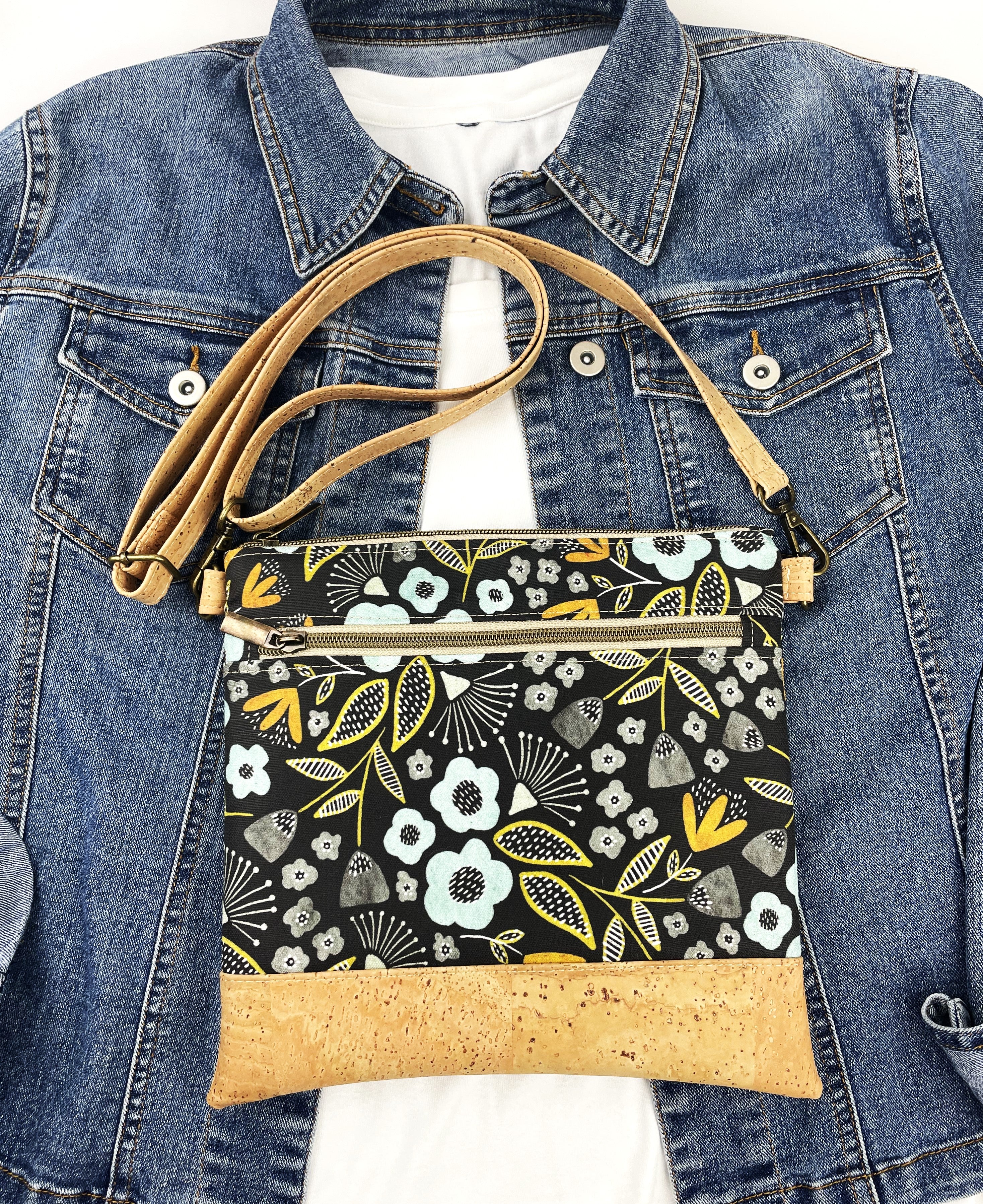 Slim Crossbody - Black and Blue Floral / Cork