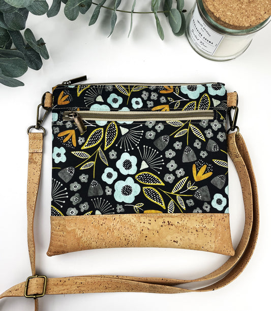 Slim Crossbody - Black and Blue Floral / Cork