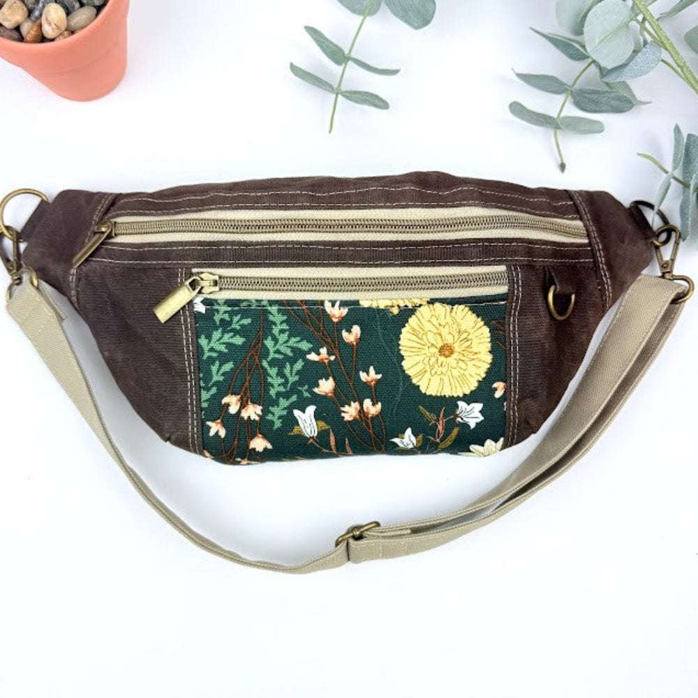 Brown waxed canvas waist bag with floral accent