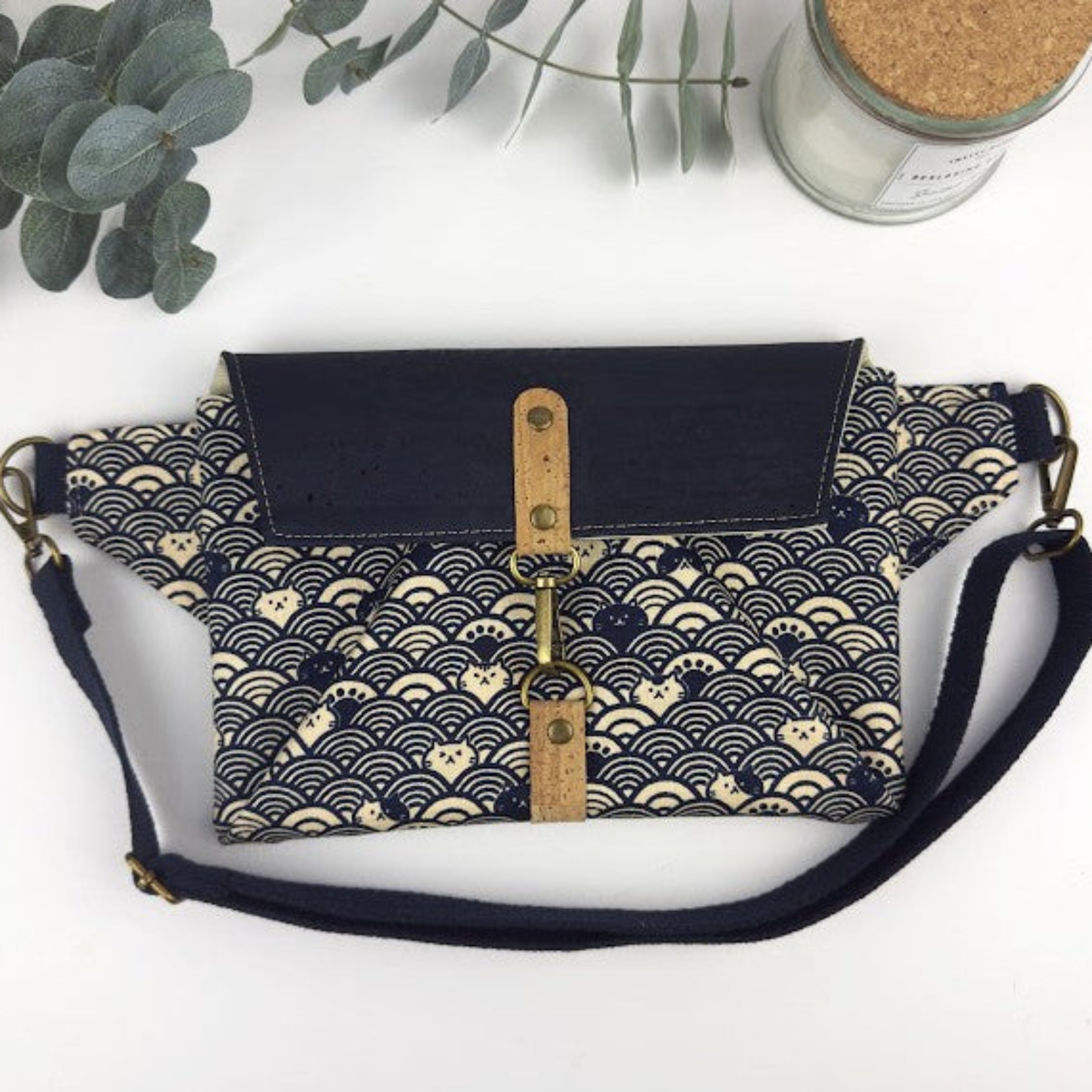 Navy blue cats with waves Haralson crossbody bag