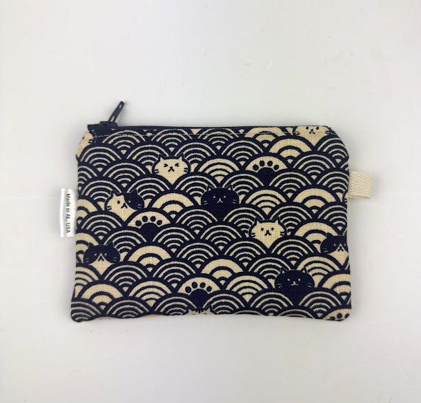 Fabric Zipper Pouch - Cats with waves / Navy