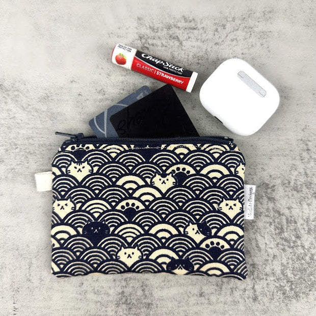 Fabric Zipper Pouch - Cats with waves / Navy