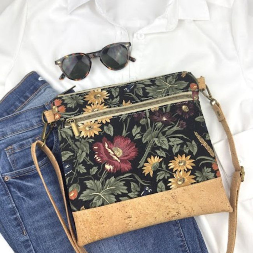 Floral patterned crossbody bag with cork trim