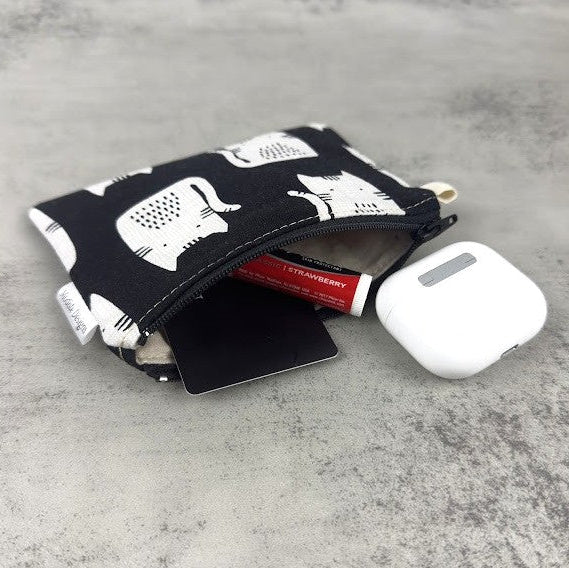 Fabric Zipper Pouch - White cats on black
