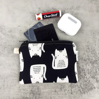 Fabric Zipper Pouch - White cats on black