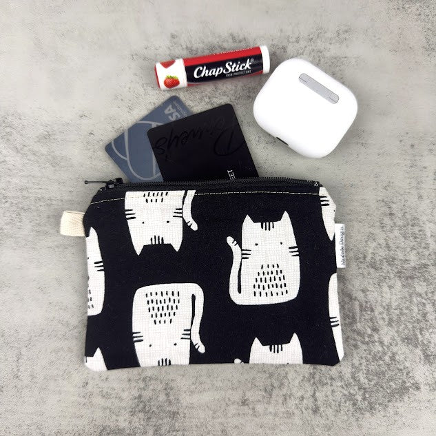 Fabric Zipper Pouch - White cats on black