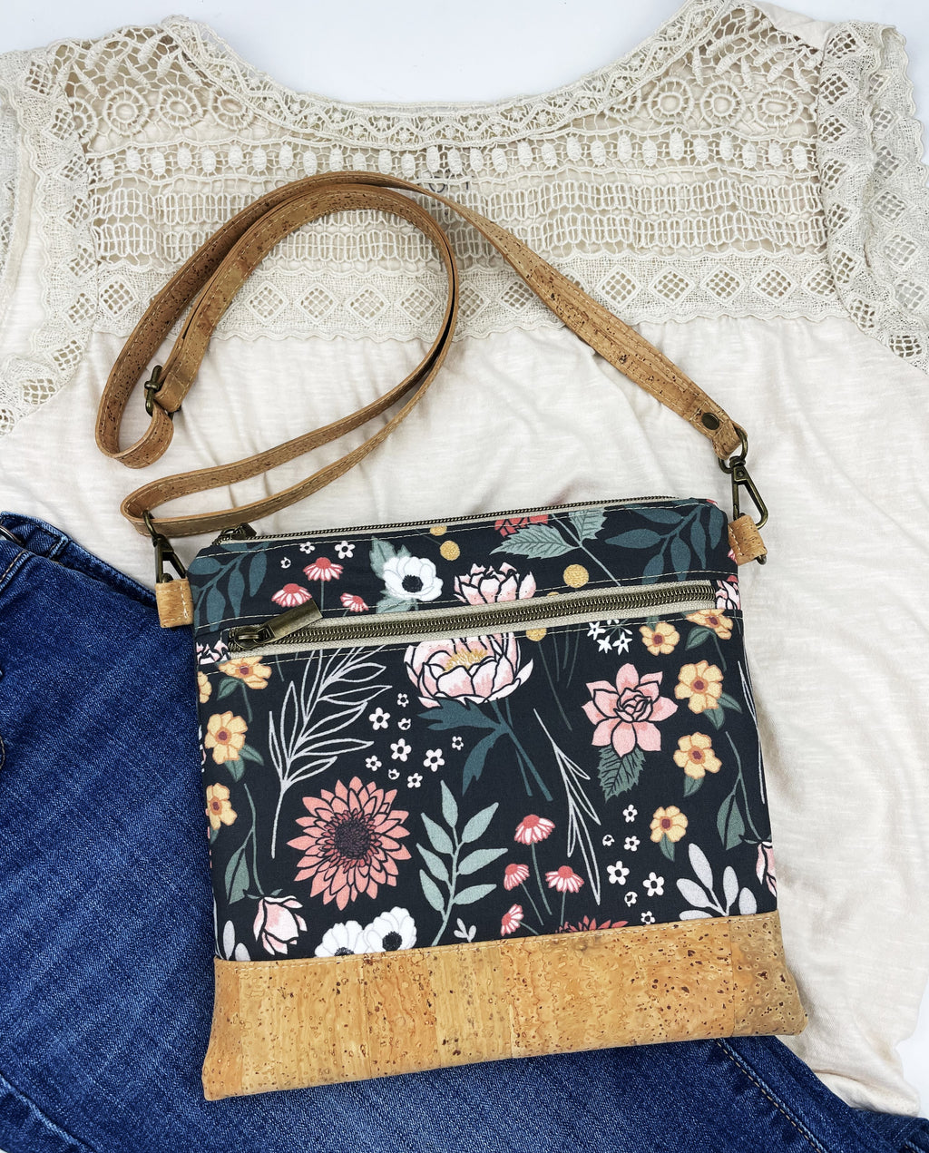 Slim Crossbody - Boho Floral and Cork
