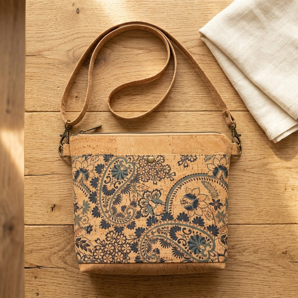 Cork Crossbody with Blue Paisley