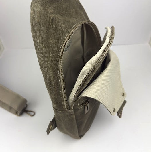 Retro-Style Waxed Canvas Sling Bag - Olive