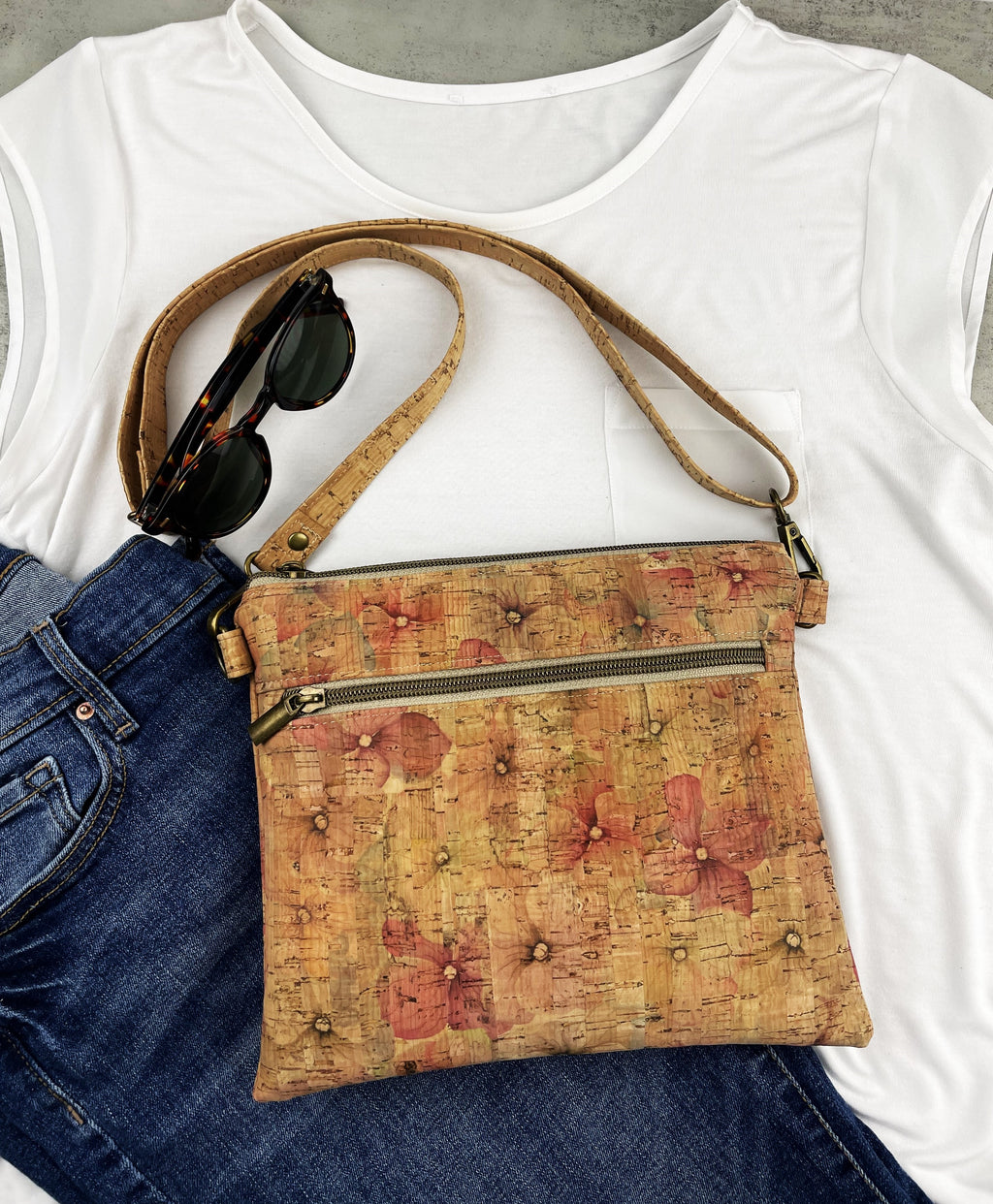 Slim Cork Crossbody Bag -Pink Floral