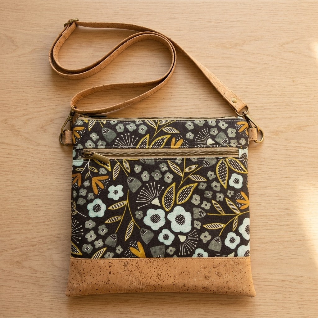 Slim Crossbody - Black and Blue Floral / Cork