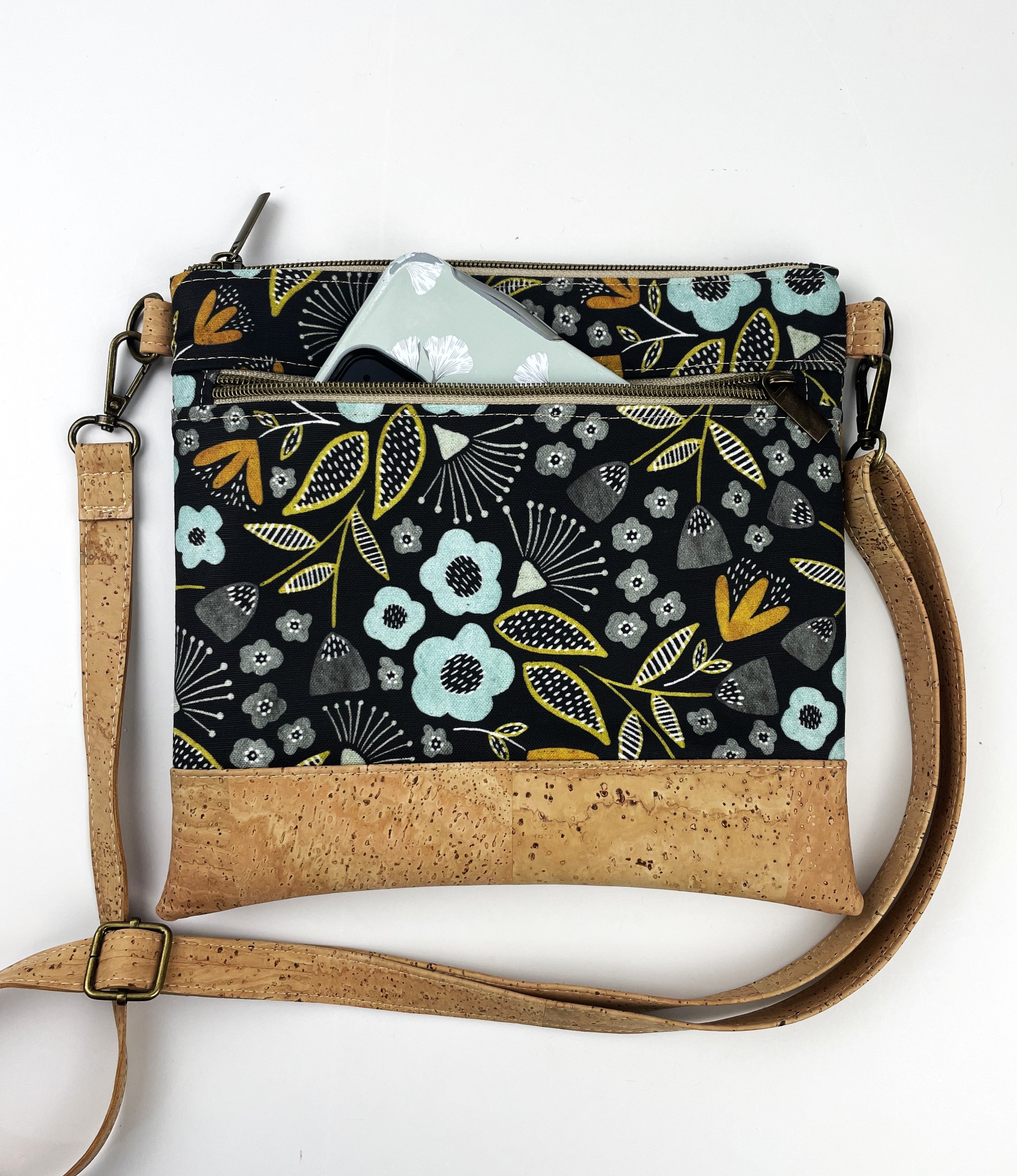 Slim Crossbody - Black and Blue Floral / Cork