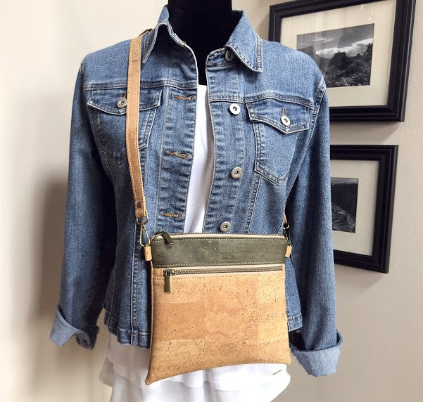 Slim Cork Crossbody Bag - Natural/Green