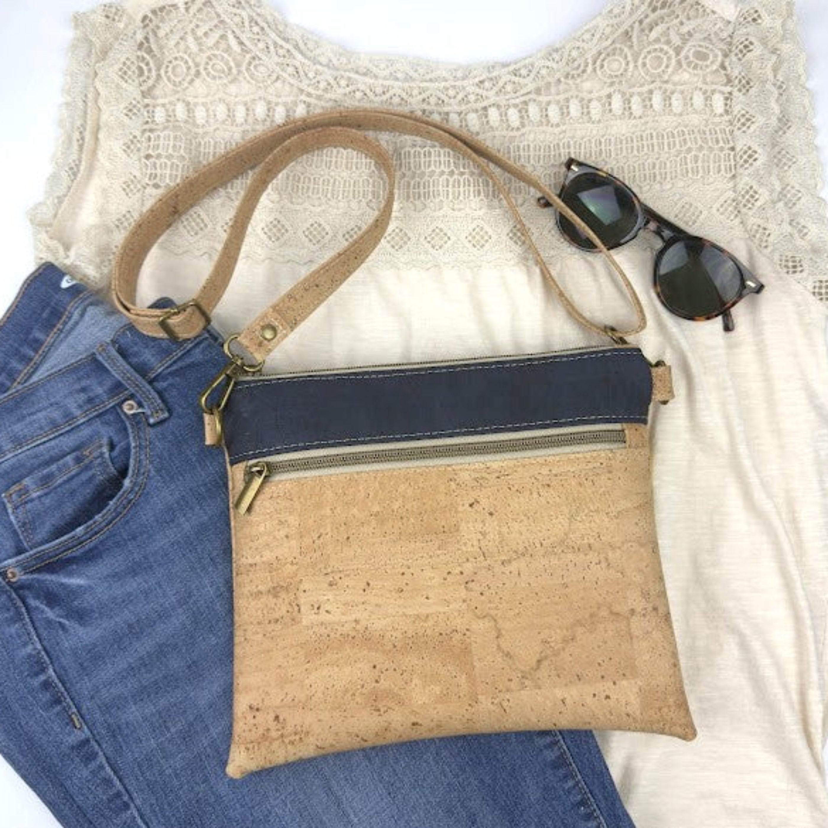 Slim Cork Crossbody Bag - Natural/Navy
