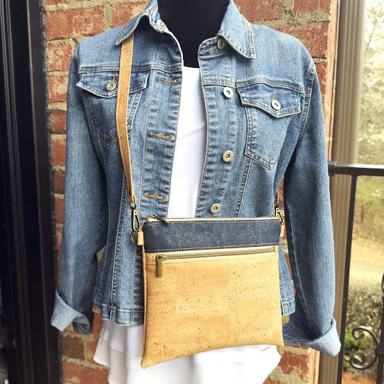 Slim Cork Crossbody Bag - Natural/Navy