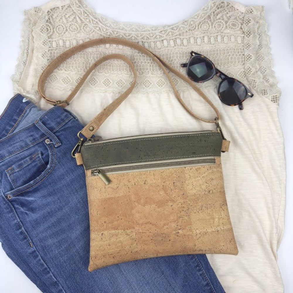 Slim Cork Crossbody Bag - Natural/Green