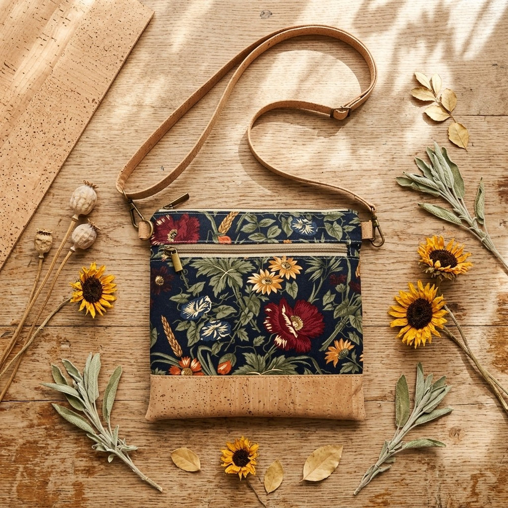 Slim Crossbody - Navy floral and cork