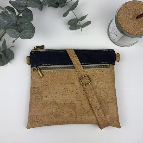 Slim Cork Crossbody Bag - Natural/Navy